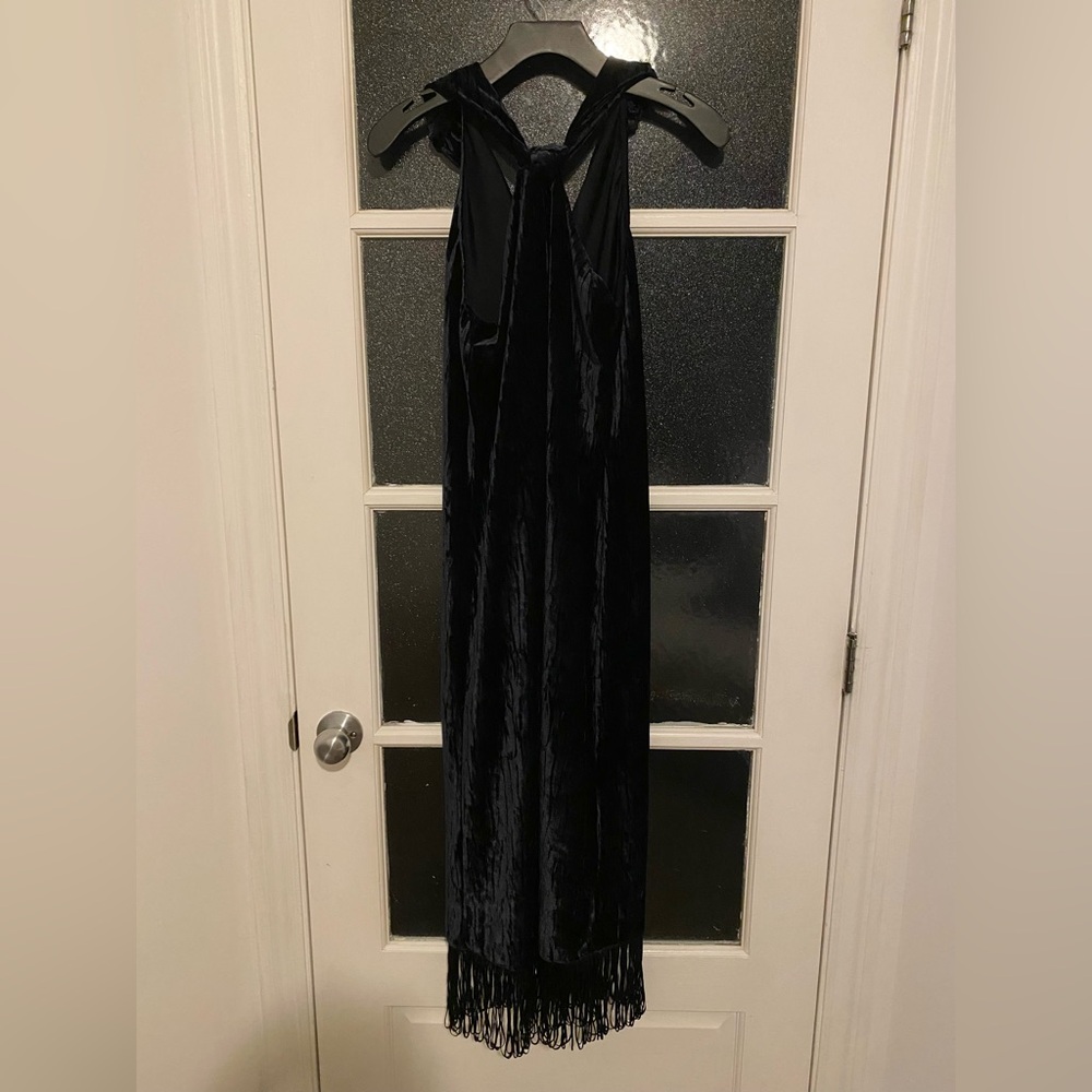 Navy Blue wedding guest dress Velvet Maxi Dress with Fringe Hem
